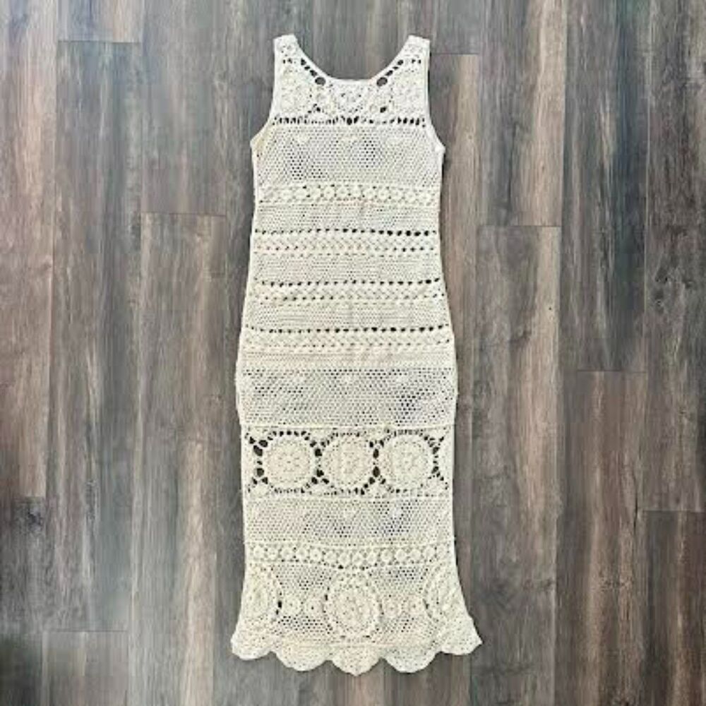 Altar'd State Pensacola Crochet Cream Maxi Dress Cover Up Sleeveless Size L/XL - Picture 5 of 9